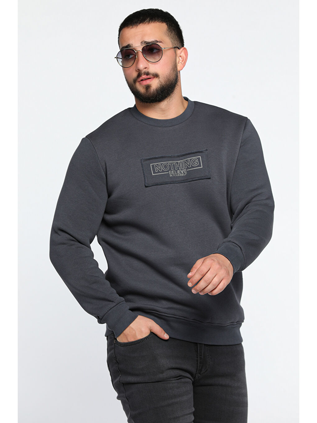 Mishar İtalia Gri Erkek Yazı Baskılı Şardonlu Üç İplik Sweatshirt - 1