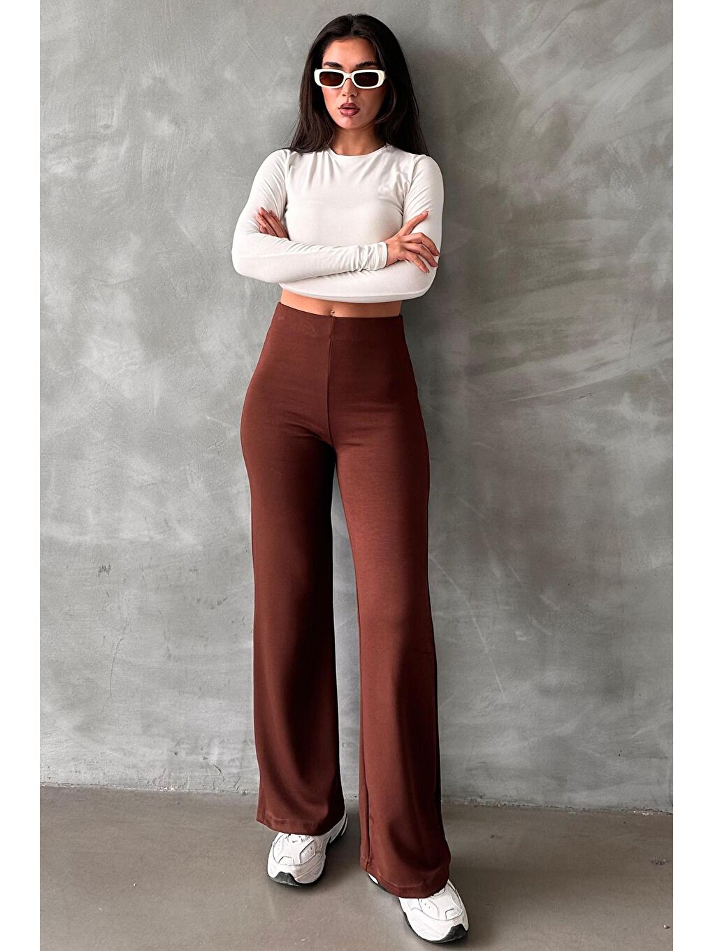Kahverengi Yüksek Bel Düz Model Kadın İspanyol Paça Tayt Pantolon Mg2288-2