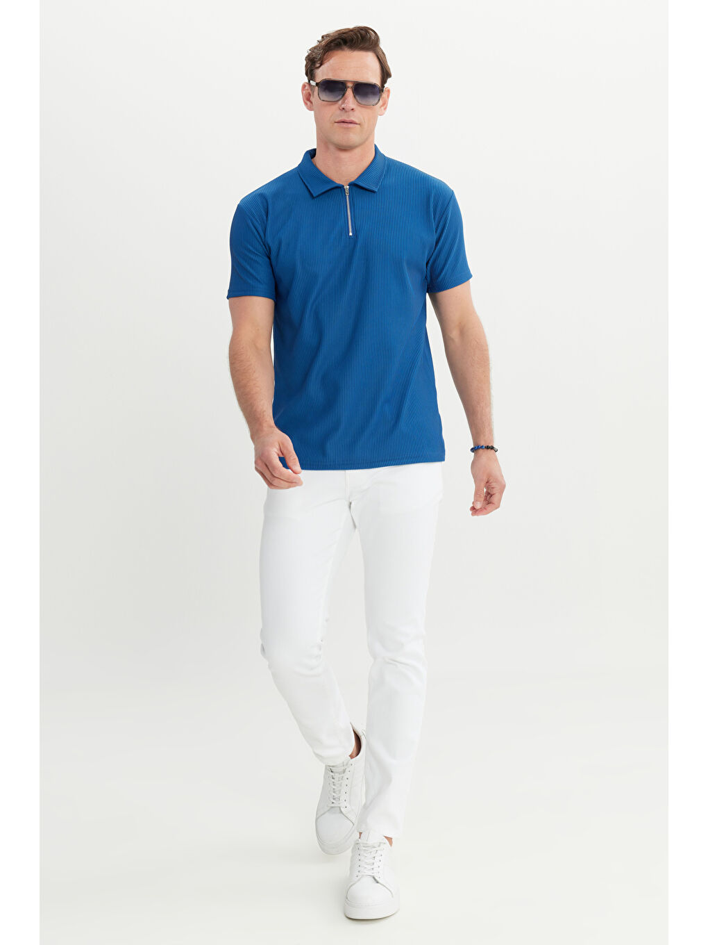 Erkek İndigo Relax Fit Rahat Kesim Polo Yaka Esnek Tişört-1