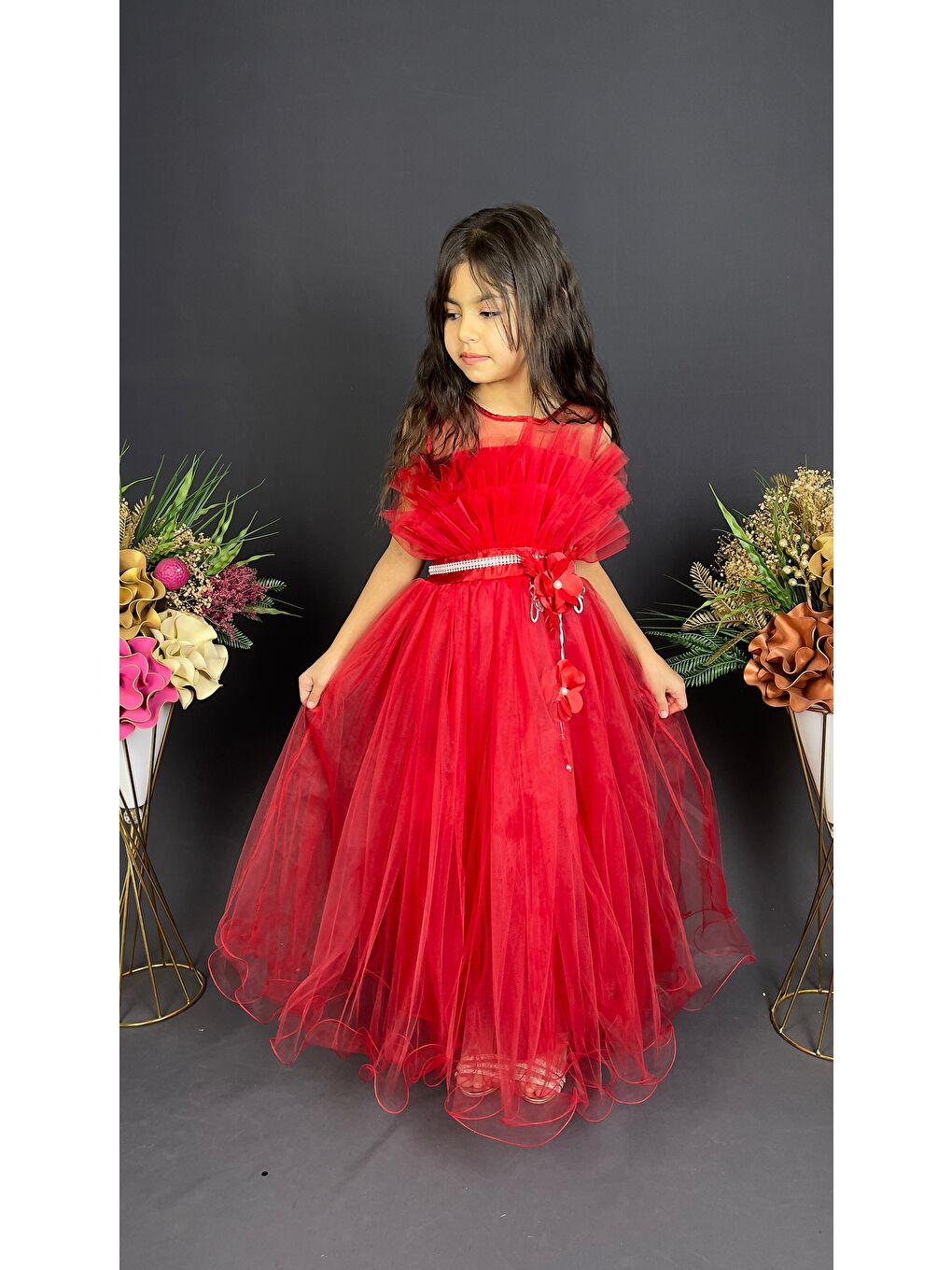 Kırmızı Kız Çocuk Robası Katlı Özel Abiye Elbise MNK0475-8