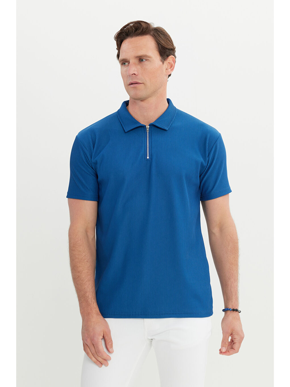 Erkek İndigo Relax Fit Rahat Kesim Polo Yaka Esnek Tişört-2