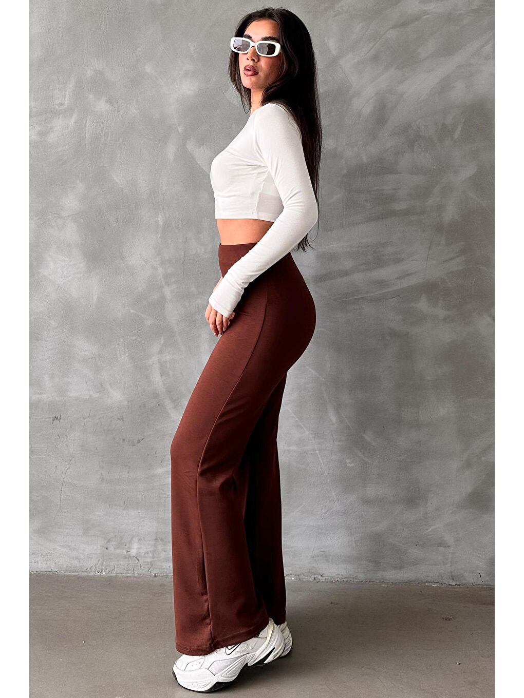 Kahverengi Yüksek Bel Düz Model Kadın İspanyol Paça Tayt Pantolon Mg2288-3