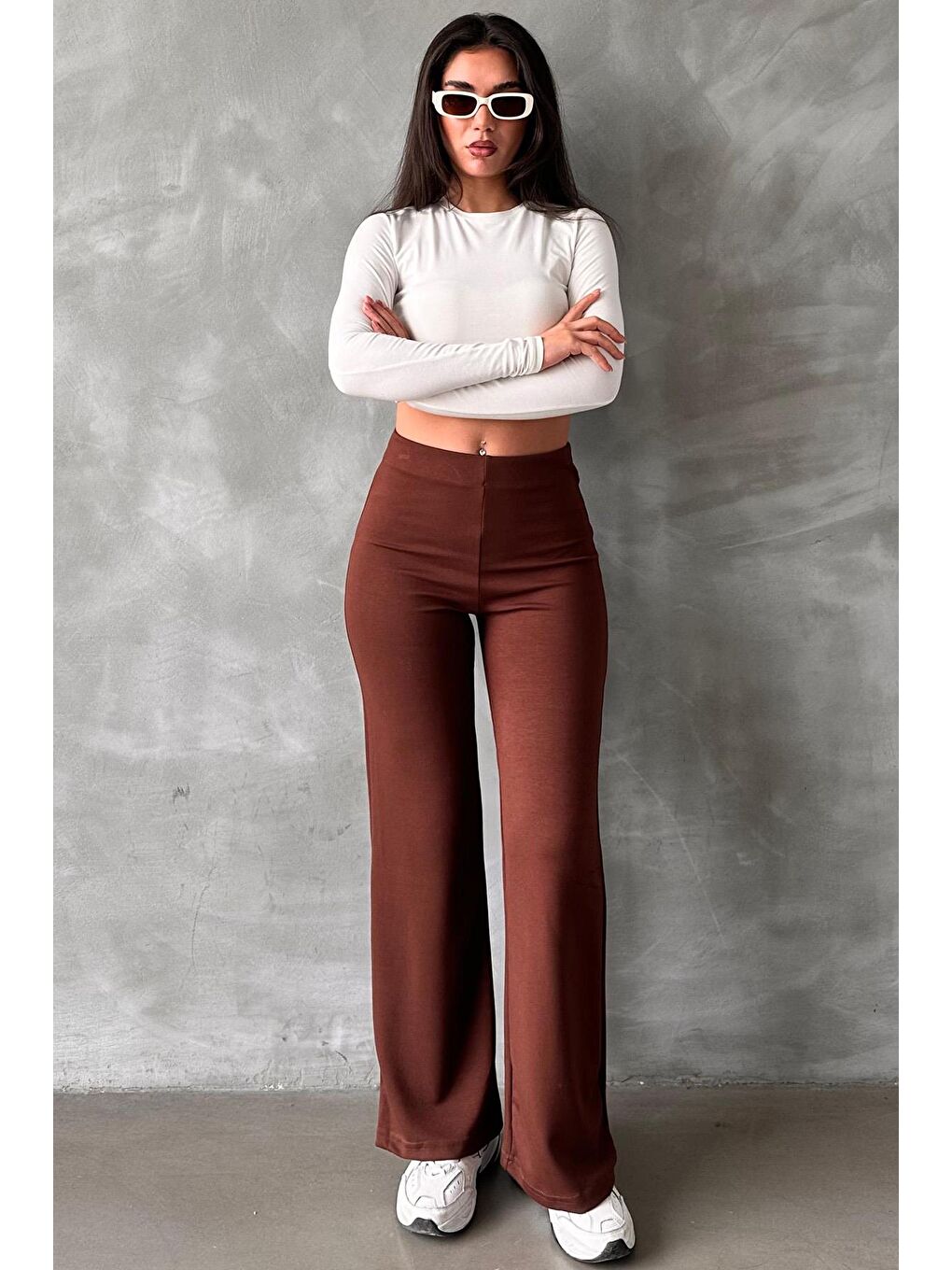 Kahverengi Yüksek Bel Düz Model Kadın İspanyol Paça Tayt Pantolon Mg2288-4