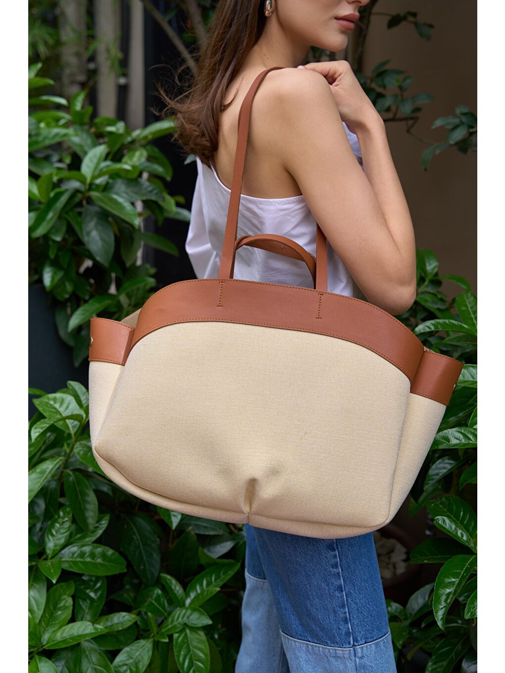 Kahverengi Kontrast Tote Çanta Taba-3