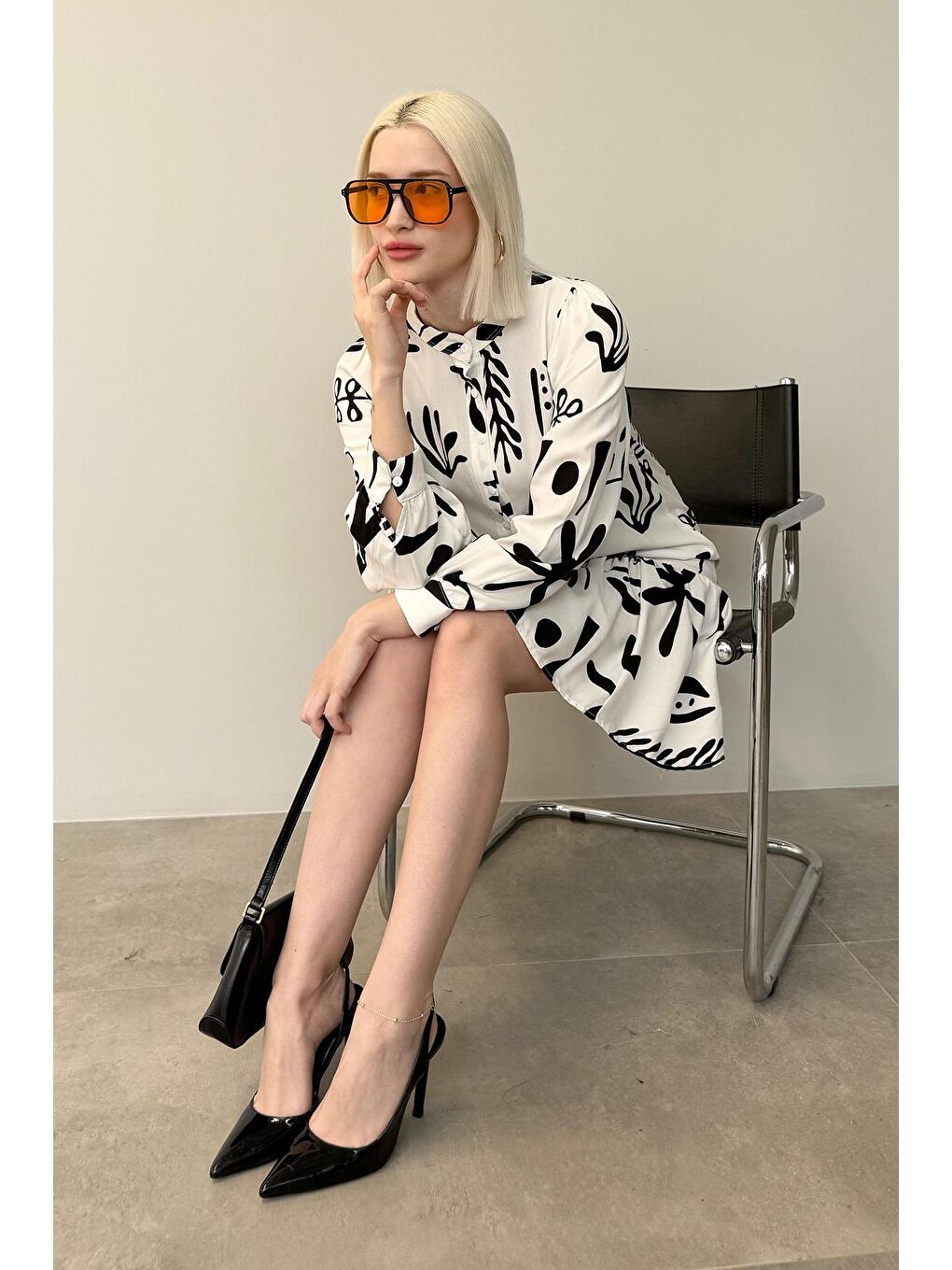 Siyah Desenli Kısa Kadın Elbise Mg2429-1