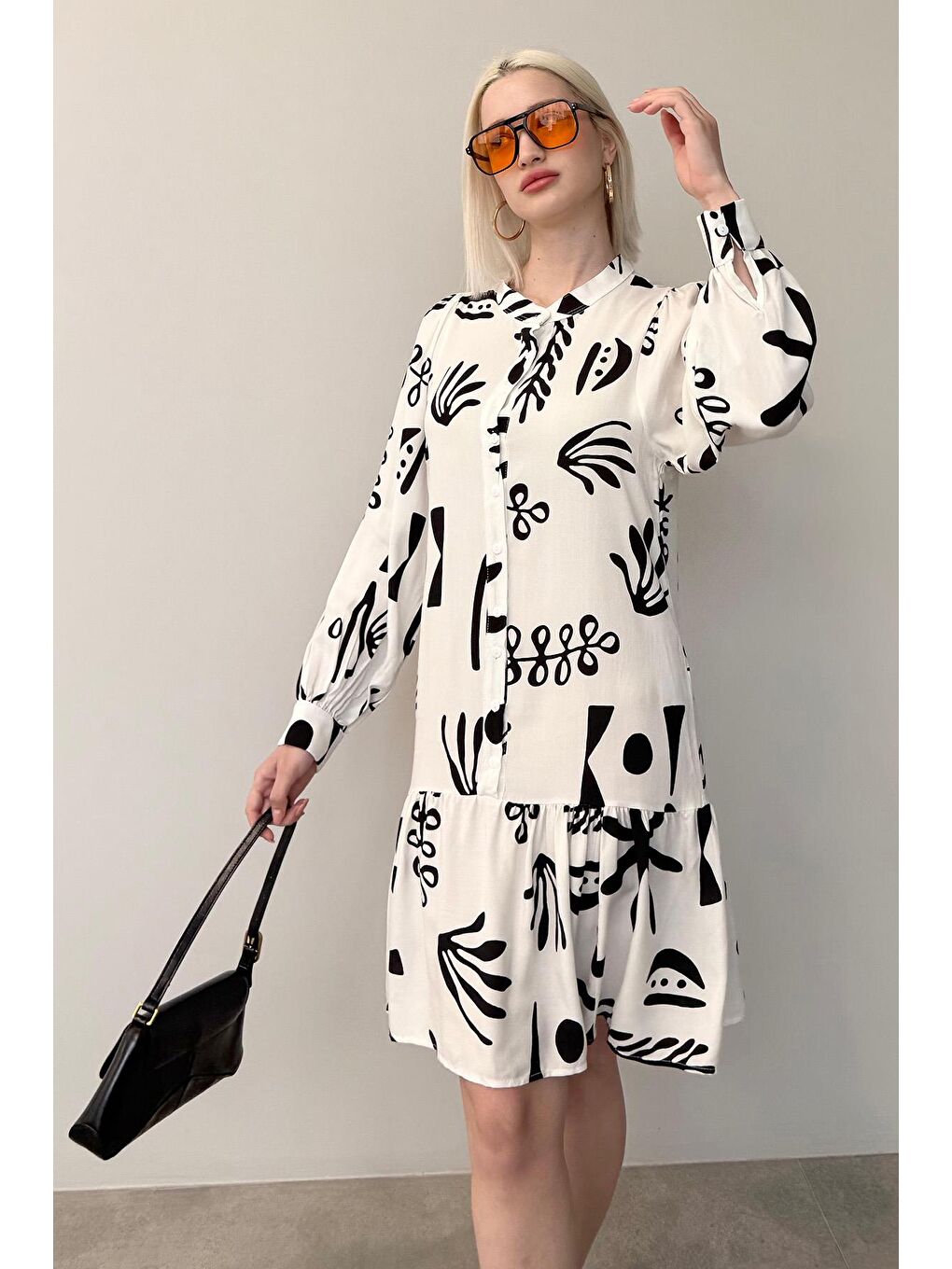 Siyah Desenli Kısa Kadın Elbise Mg2429-2