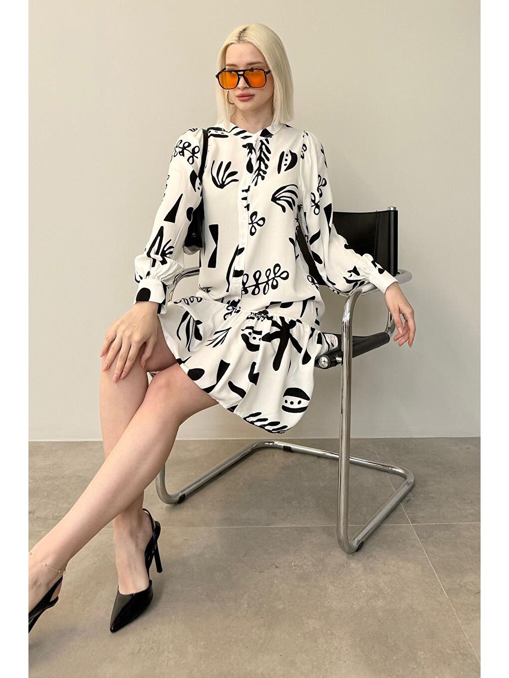 Siyah Desenli Kısa Kadın Elbise Mg2429-3