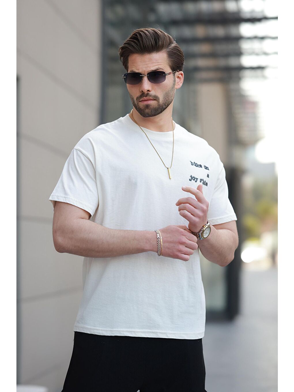 Beyaz Baskılı Basic Erkek %100 Pamuk Tişört E7150-1