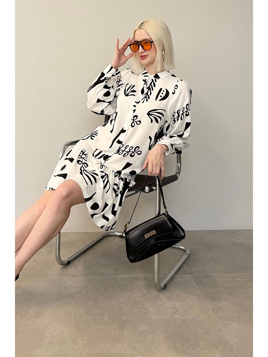 Siyah Desenli Kısa Kadın Elbise Mg2429-4