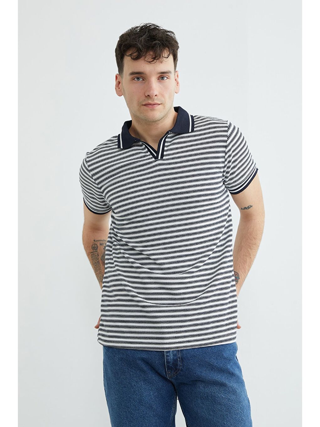Lacivert Çizgili Polo Yaka Tişört-1
