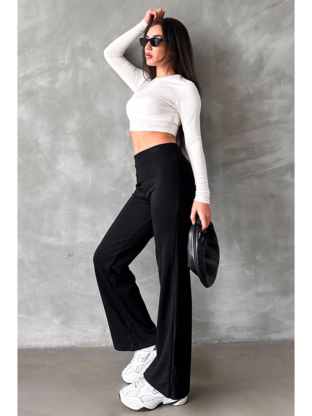Siyah Yüksek Bel Düz Model Kadın İspanyol Paça Tayt Pantolon Mg2288-1