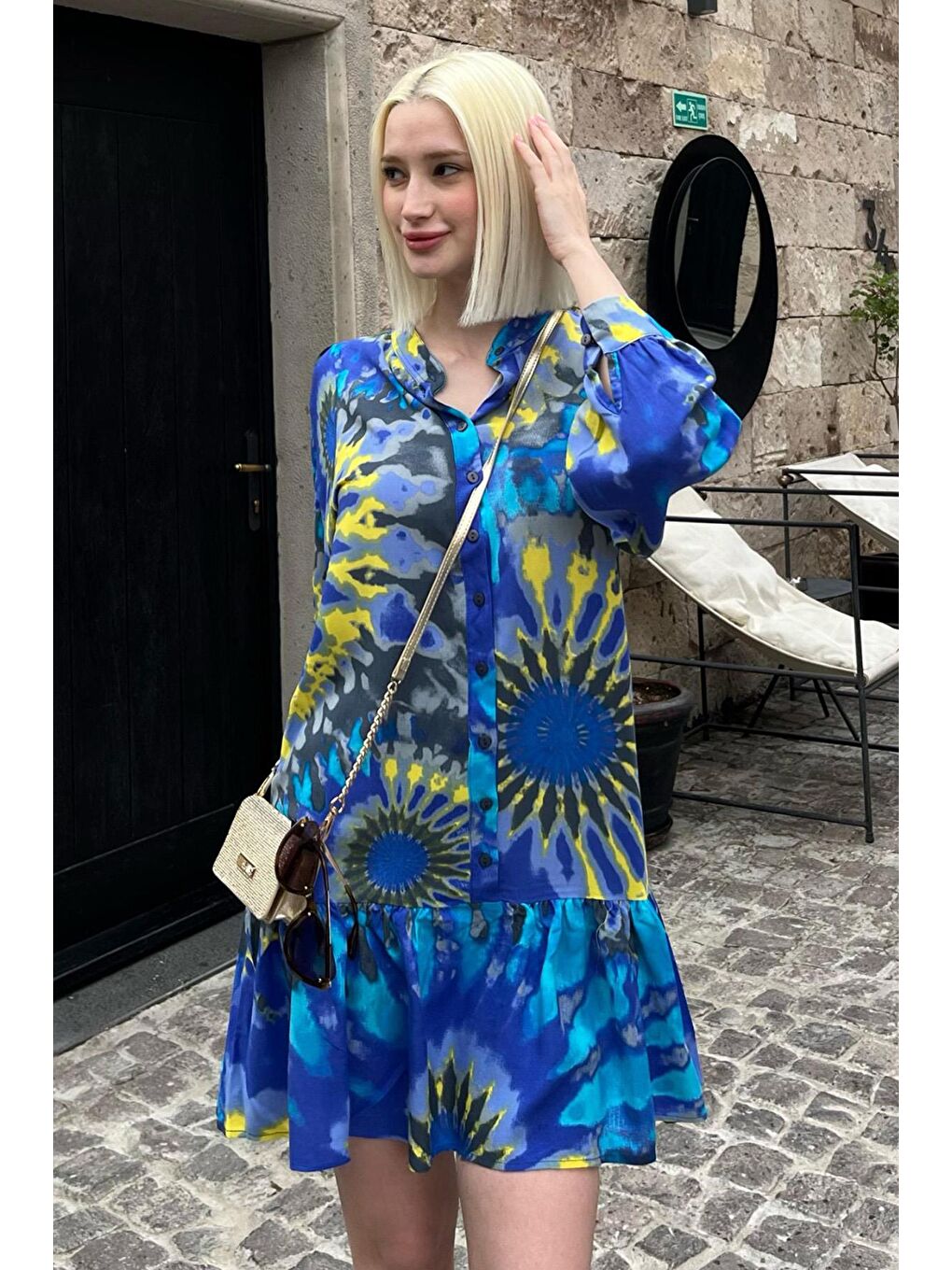 İndigo Desenli Kısa Kadın Elbise Mg2429-1