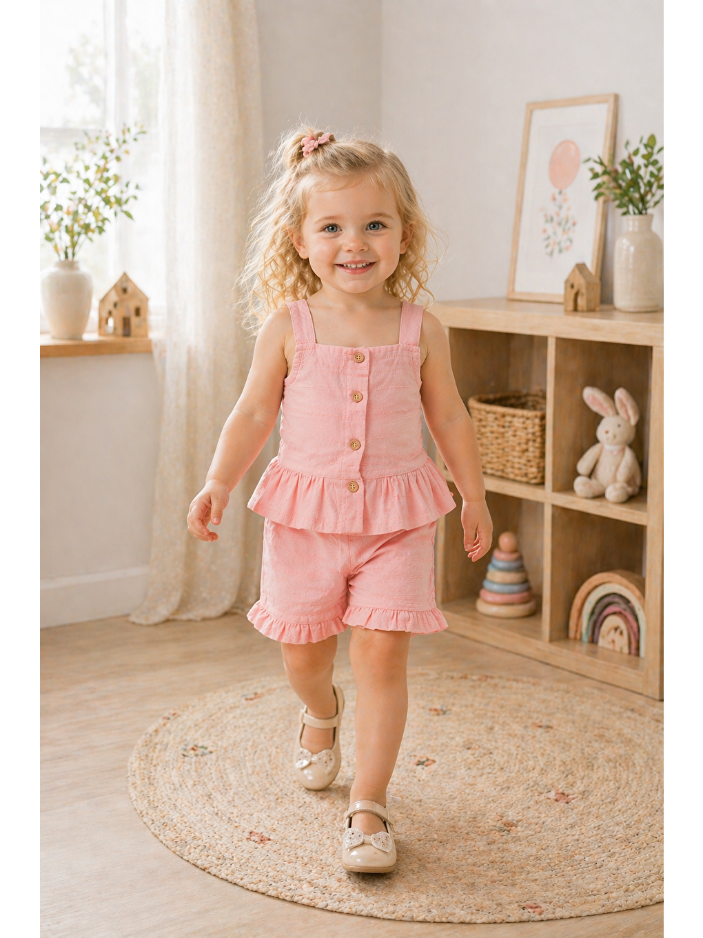 Pembe Kız Bebek Keten Kumaş Alt-Üst Takım- %100 Pamuklu