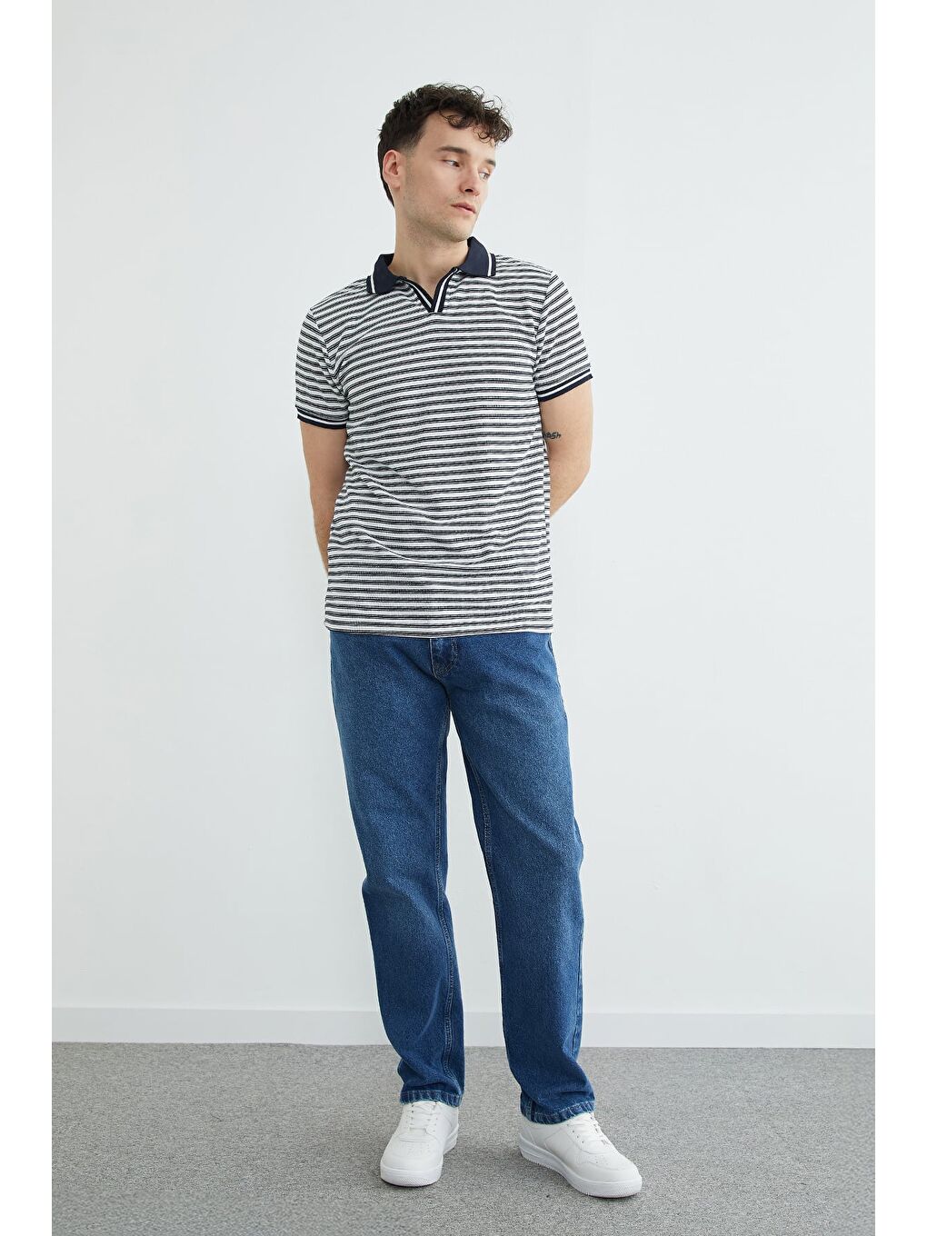 Lacivert Çizgili Polo Yaka Tişört-2