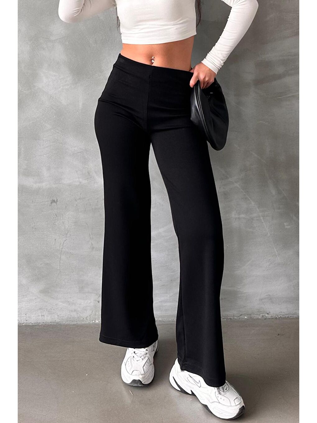 Siyah Yüksek Bel Düz Model Kadın İspanyol Paça Tayt Pantolon Mg2288-2