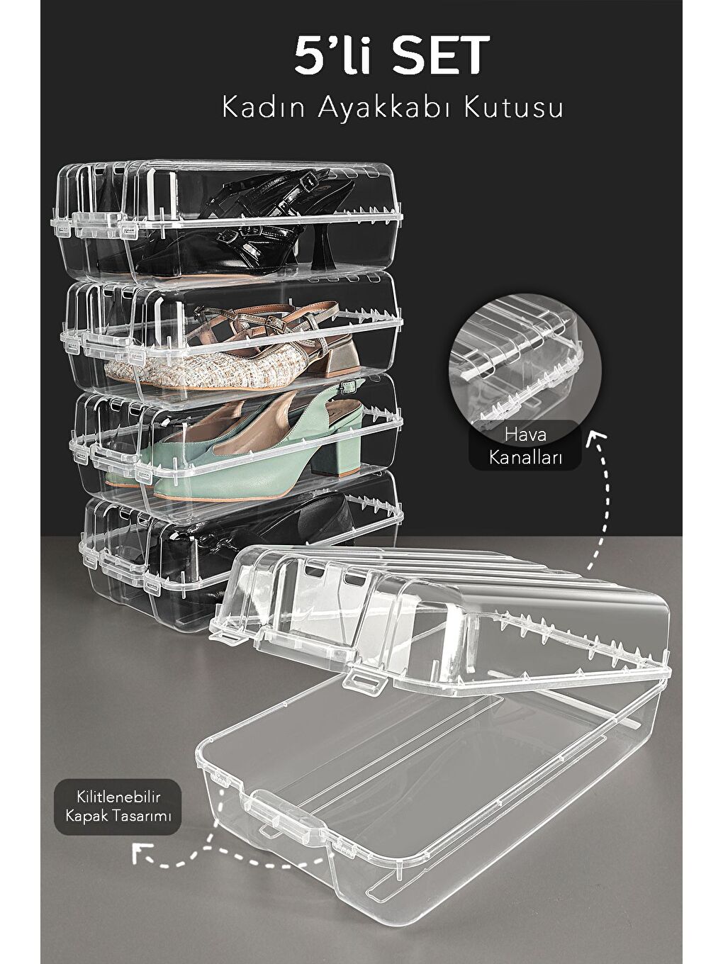 Renksiz 5 Adet Kadın Ayakkabı Kutusu Şeffaf Ayakkabı Düzenleyici Saklama Kutusu Organizer Seyahat Kutusu