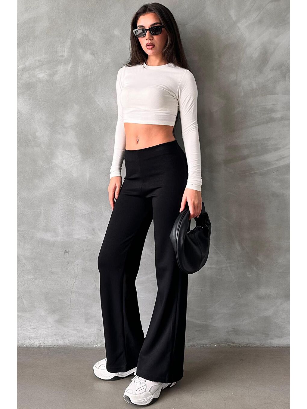 Siyah Yüksek Bel Düz Model Kadın İspanyol Paça Tayt Pantolon Mg2288-3