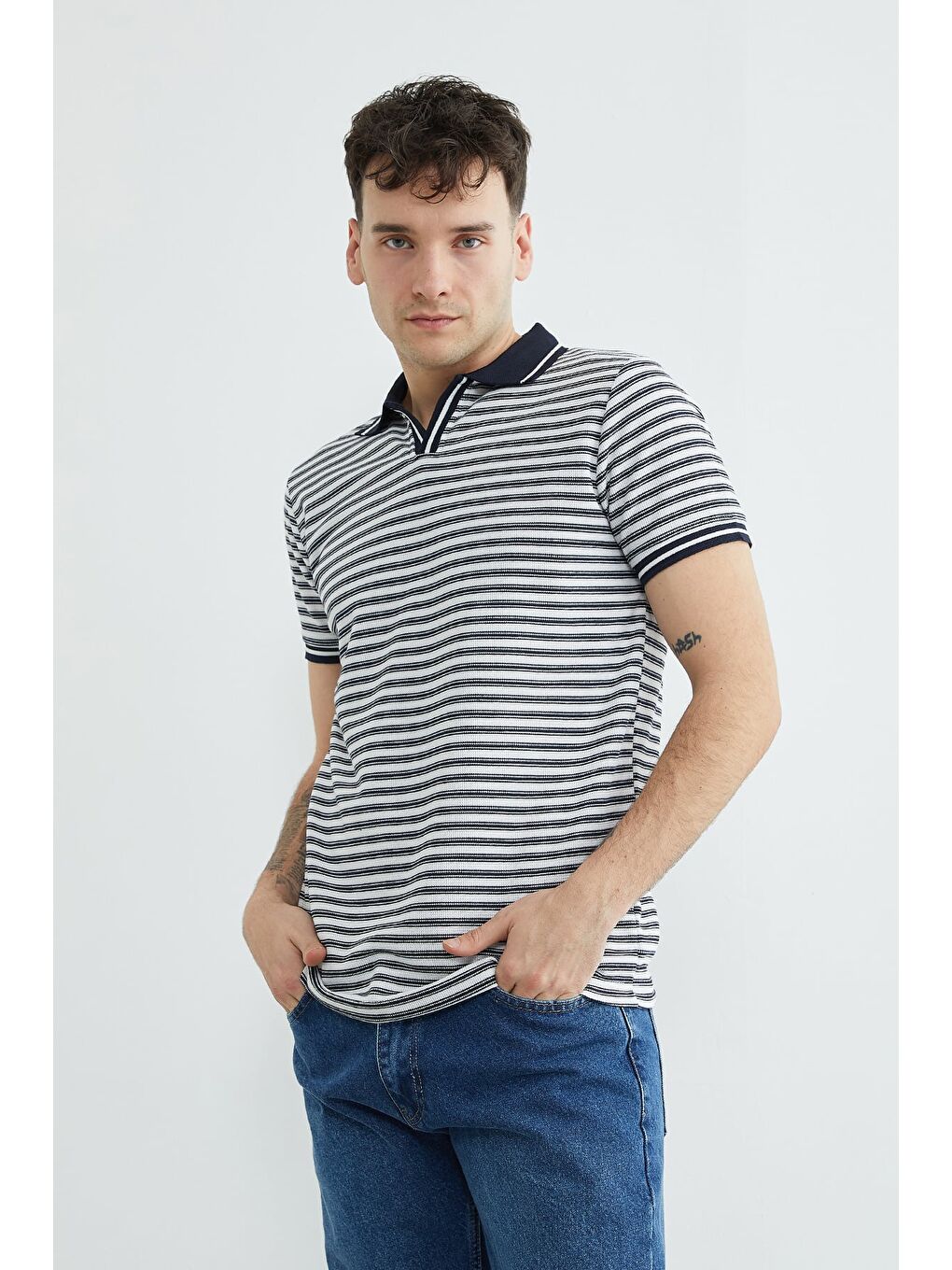 Lacivert Çizgili Polo Yaka Tişört-3
