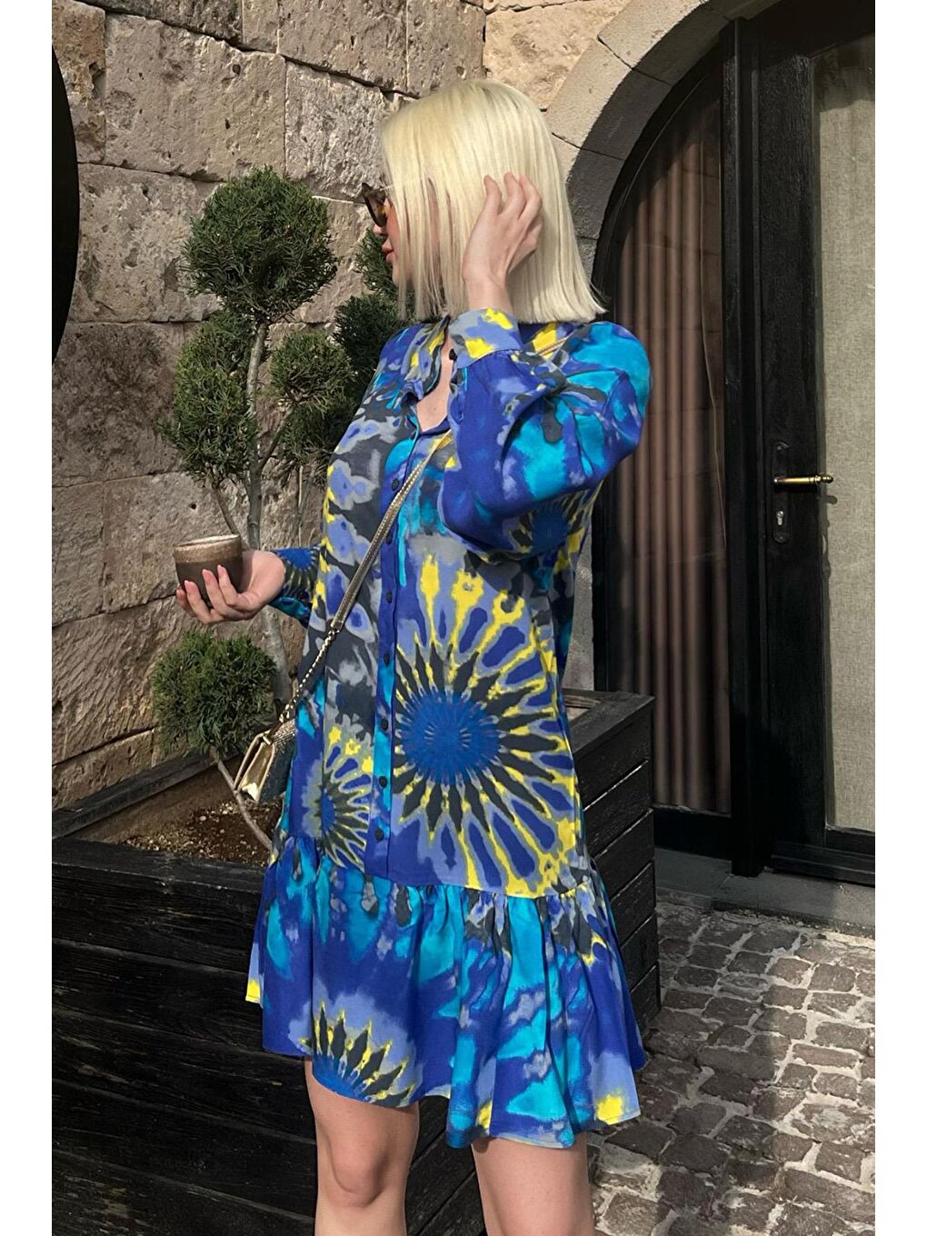 İndigo Desenli Kısa Kadın Elbise Mg2429-5