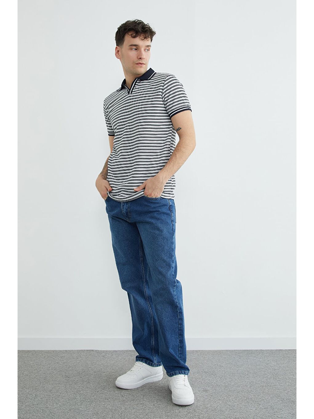 Lacivert Çizgili Polo Yaka Tişört-4