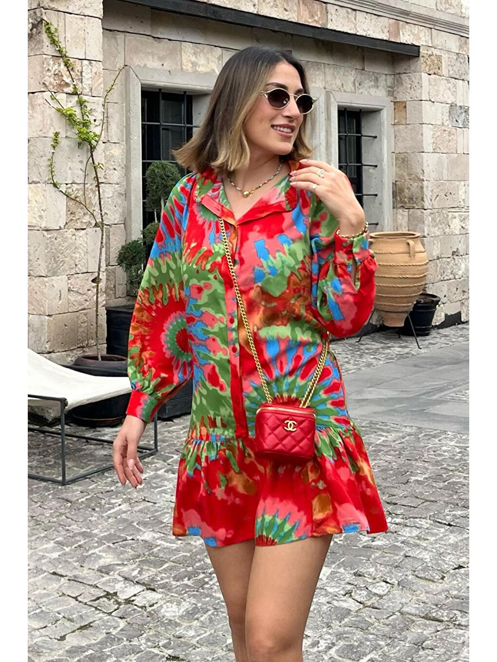 Kırmızı Desenli Kısa Kadın Elbise Mg2429