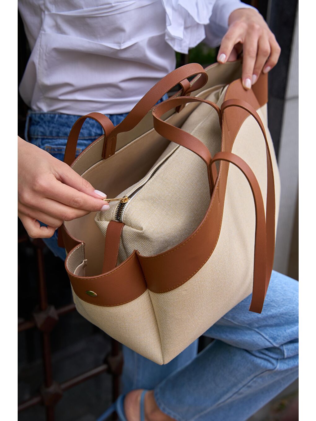 Kahverengi Kontrast Tote Çanta Taba-4
