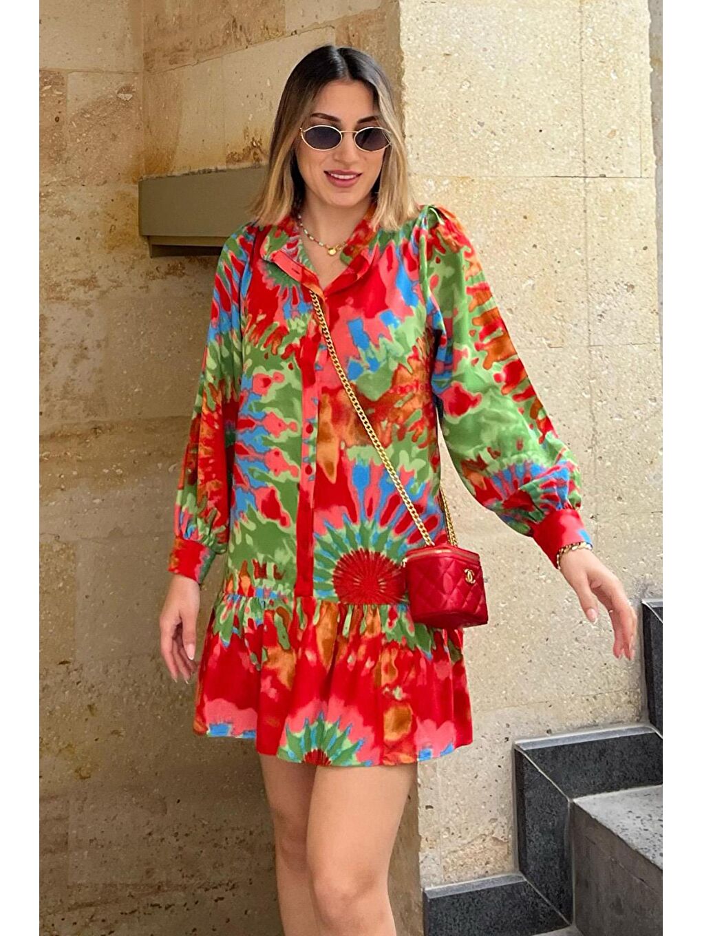 Kırmızı Desenli Kısa Kadın Elbise Mg2429-1