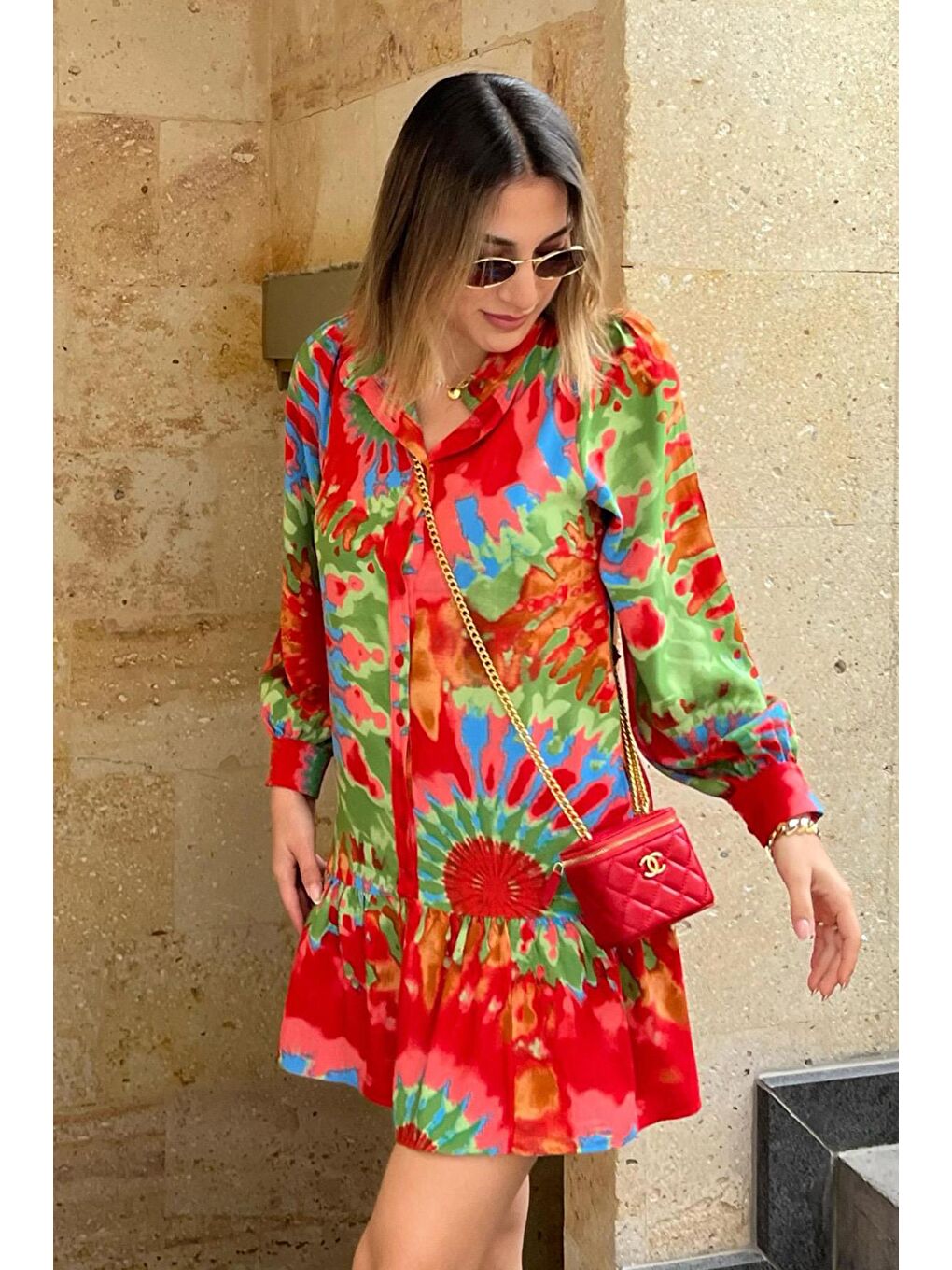 Kırmızı Desenli Kısa Kadın Elbise Mg2429-2