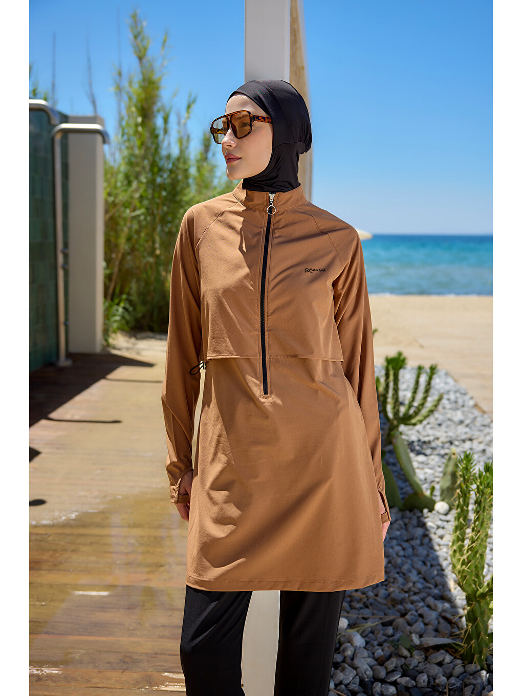 Kahverengi Tam Kapalı Yüzücü Tesettür Mayo R003 Nurhan Camel-1