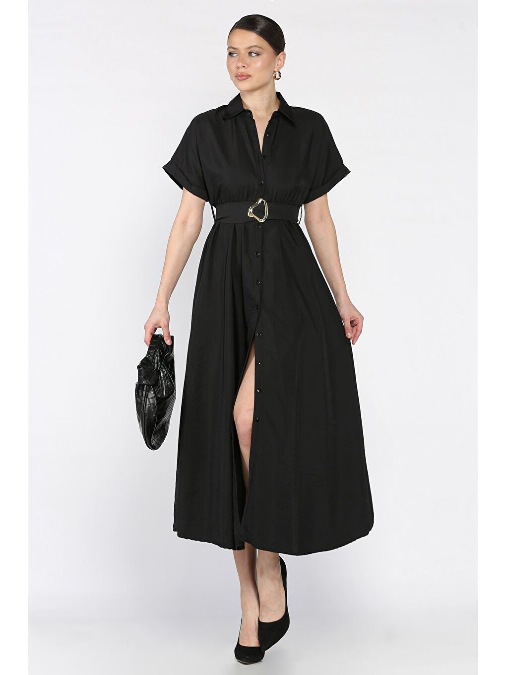 Siyah Boydan Düğmeli Bel Lastikli Kemerli Kısa Kol Elbise