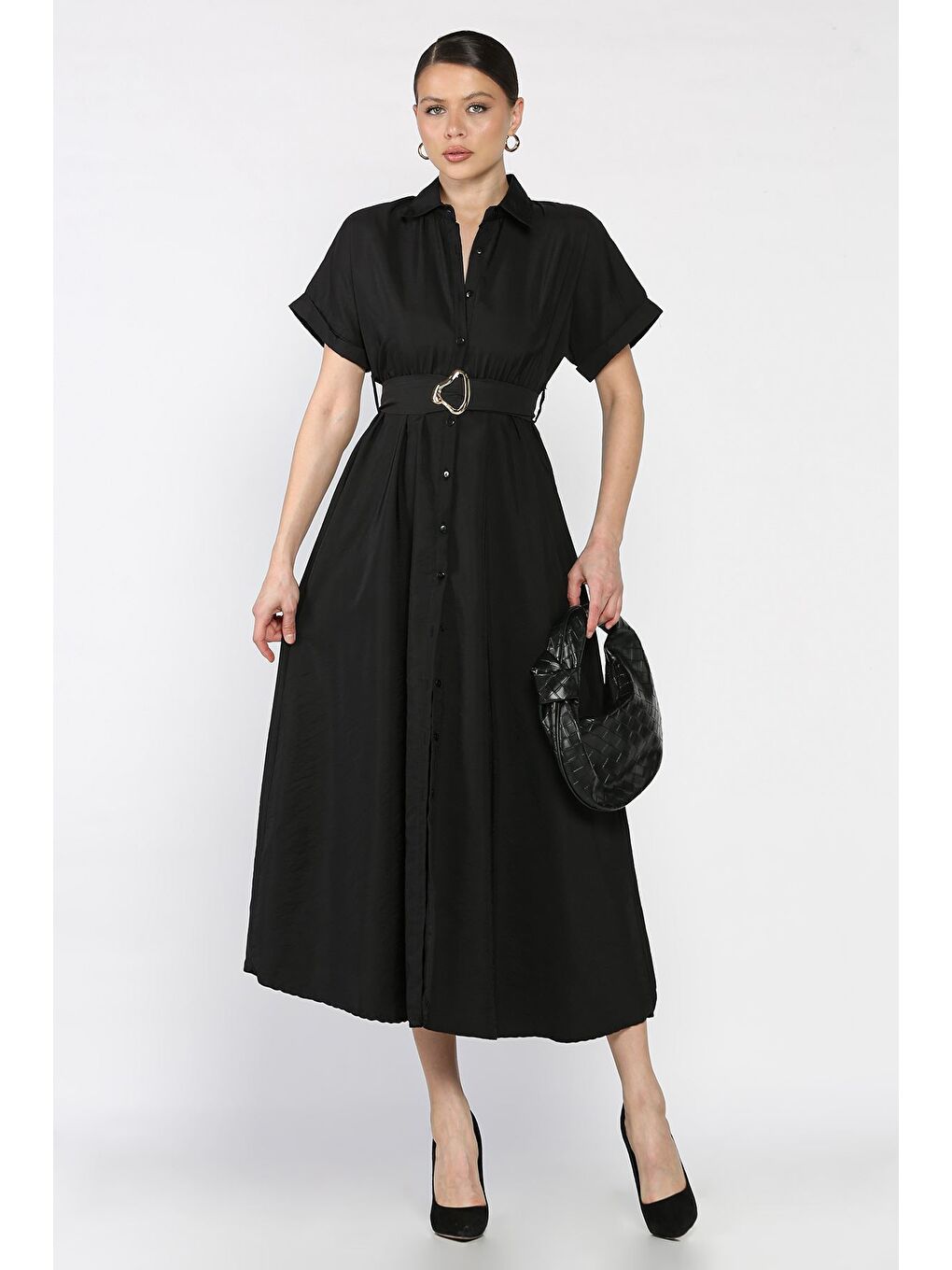 Siyah Boydan Düğmeli Bel Lastikli Kemerli Kısa Kol Elbise-1