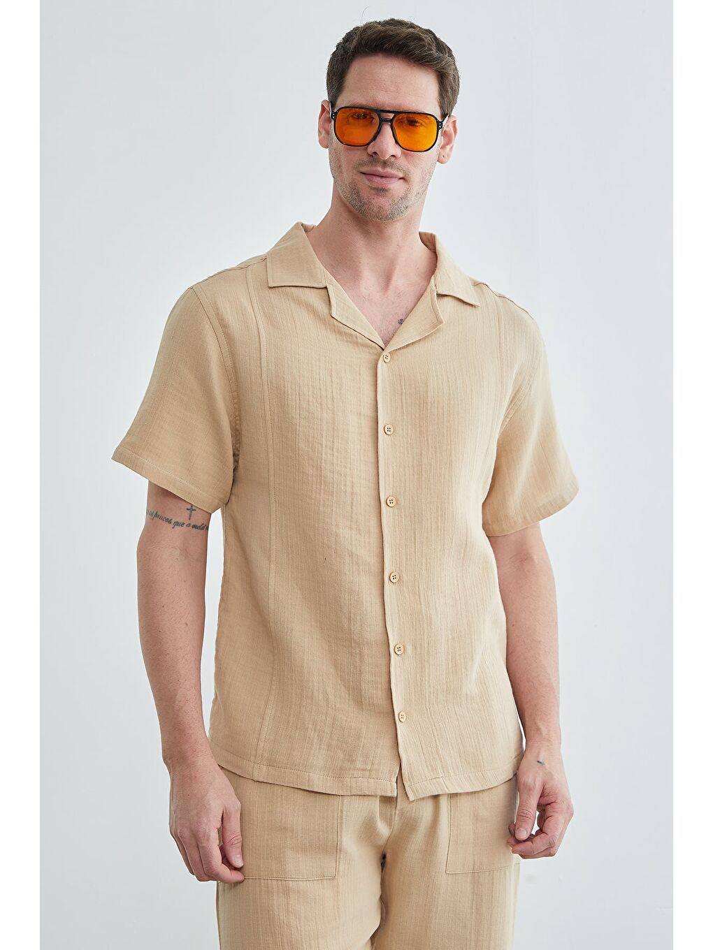 Bej Basic Müslin Kumaş Kısa Kol Gömlek-4
