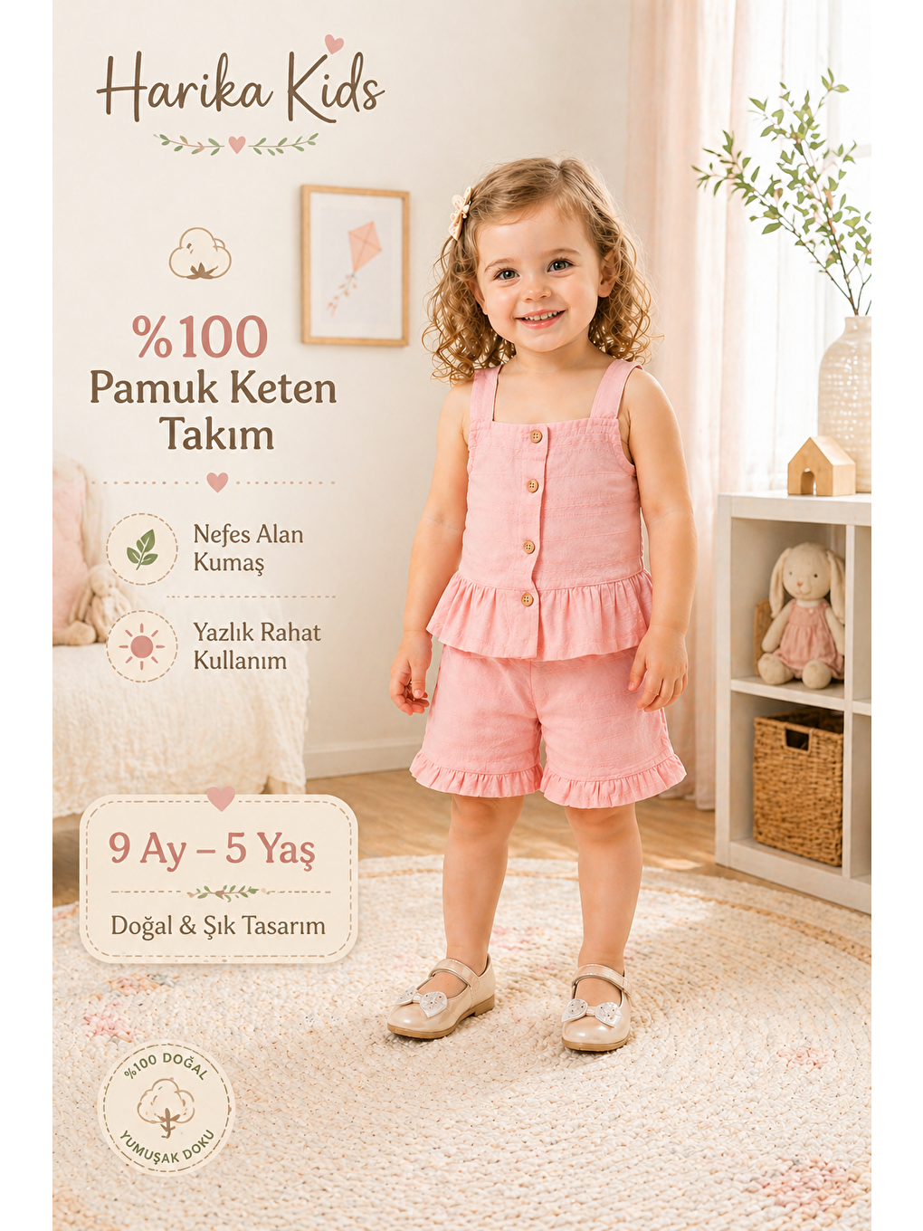 Pembe Kız Bebek Keten Kumaş Alt-Üst Takım- %100 Pamuklu-1
