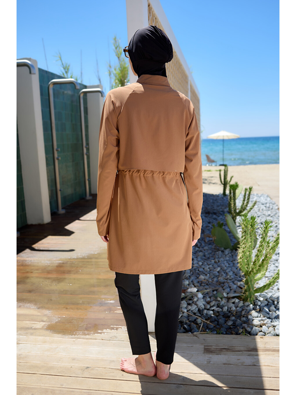 Kahverengi Tam Kapalı Yüzücü Tesettür Mayo R003 Nurhan Camel-3