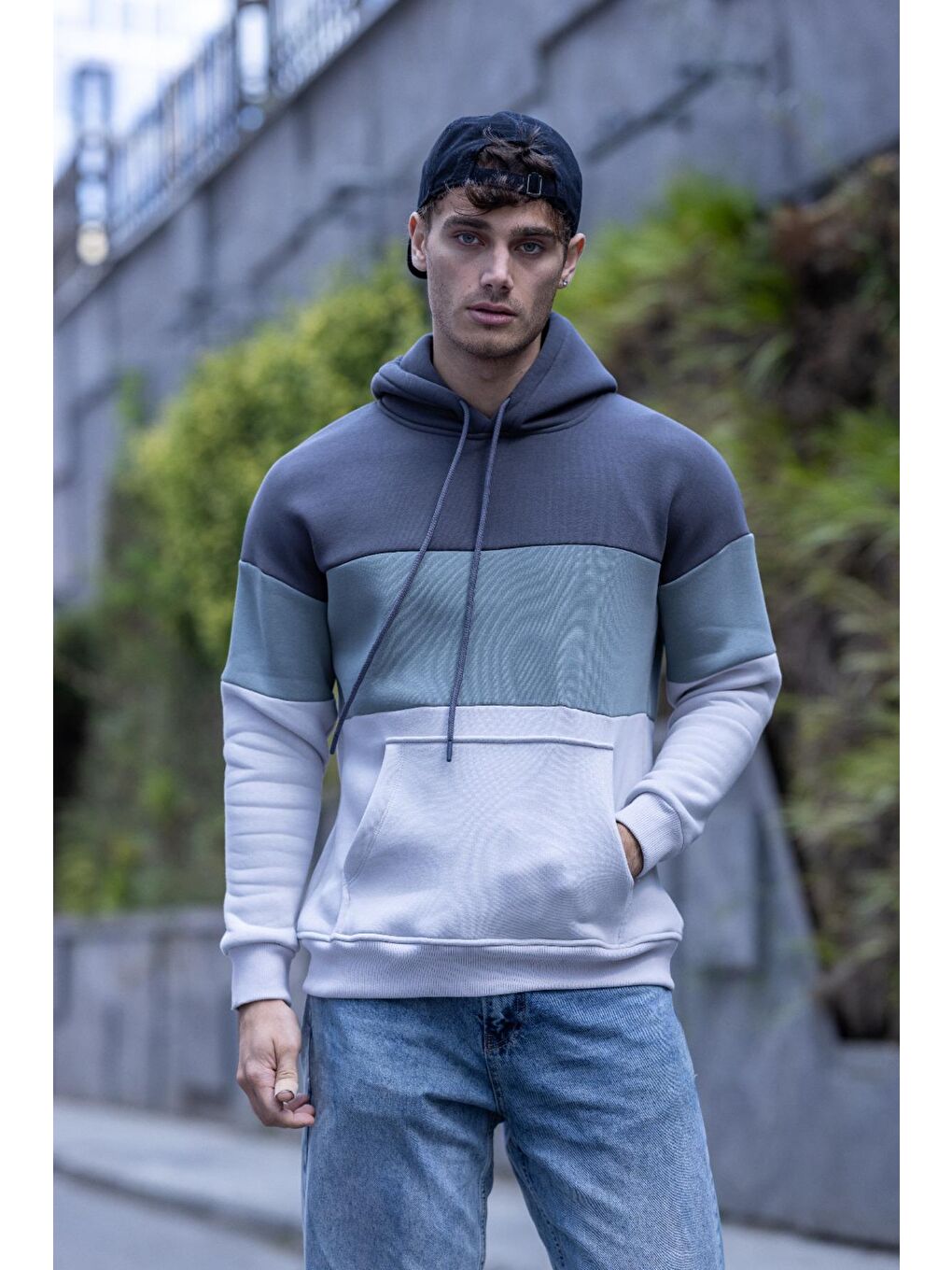 Gri Luan Üç İplik Pamuklu Parçalı Kapüşonlu  Erkek Hoodie