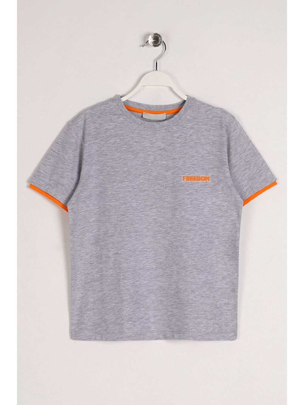 Bisiklet Yaka Kısa Kol Freedom Baskılı Gri Melanj Renk Erkek Çocuk Tshirt