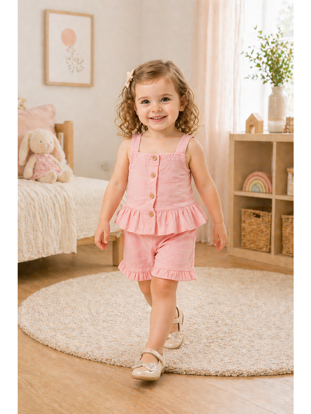 Pembe Kız Bebek Keten Kumaş Alt-Üst Takım- %100 Pamuklu-2