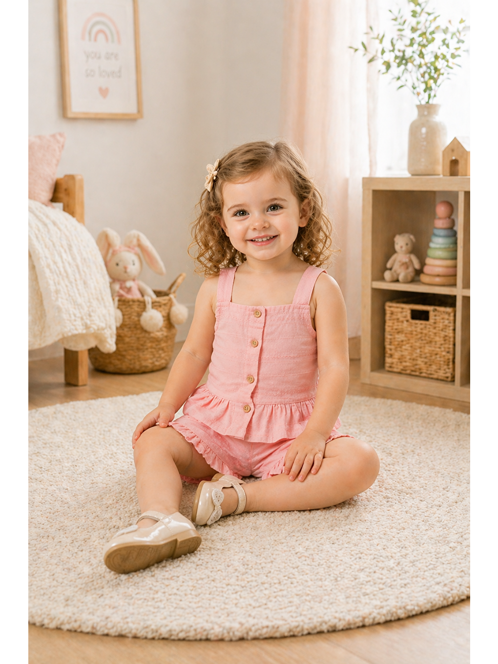 Pembe Kız Bebek Keten Kumaş Alt-Üst Takım- %100 Pamuklu-3