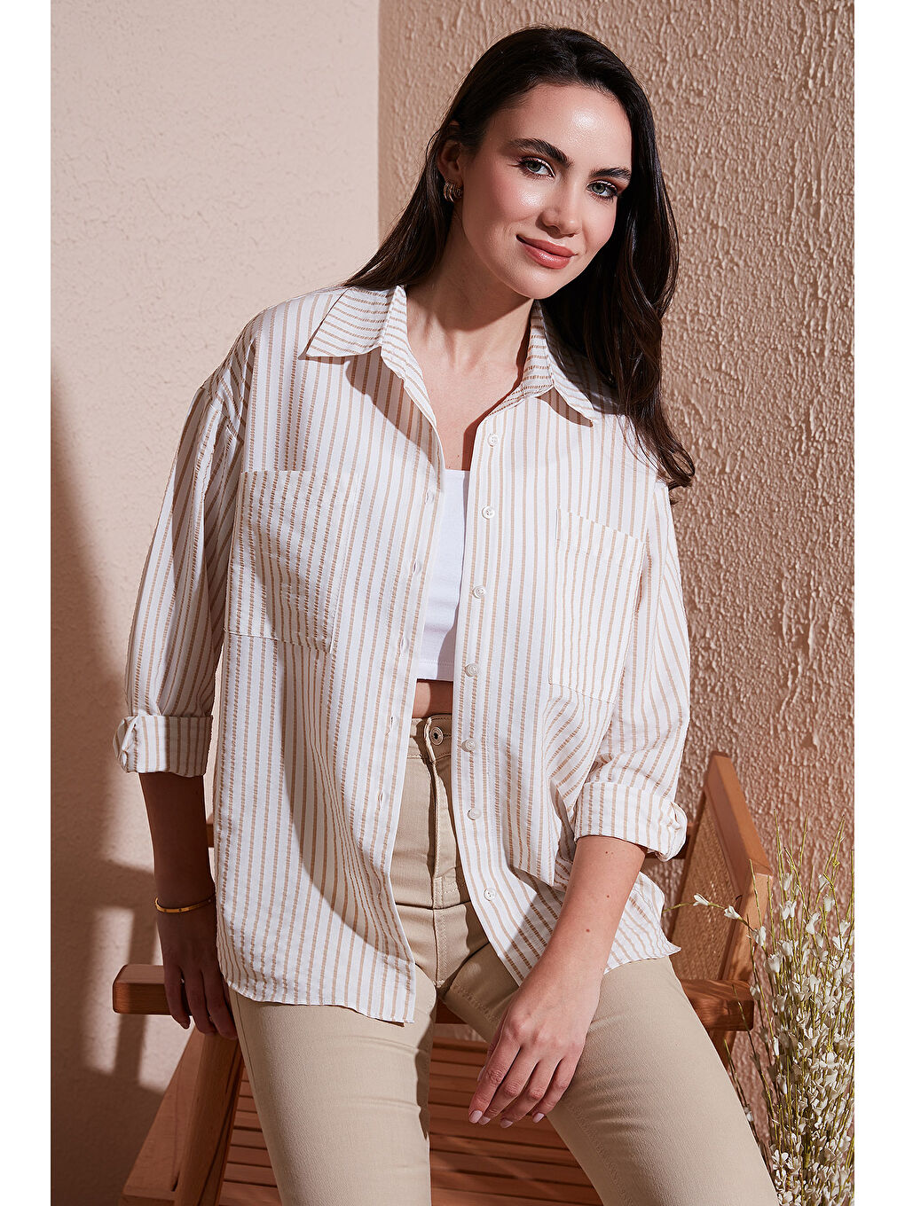 Bej Regular Fit Uzun Kollu Çizgili Kadın Gömlek 6772875