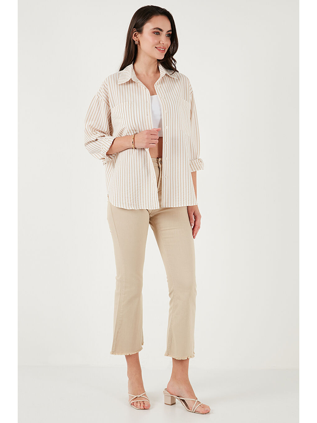 Bej Regular Fit Uzun Kollu Çizgili Kadın Gömlek 6772875-1