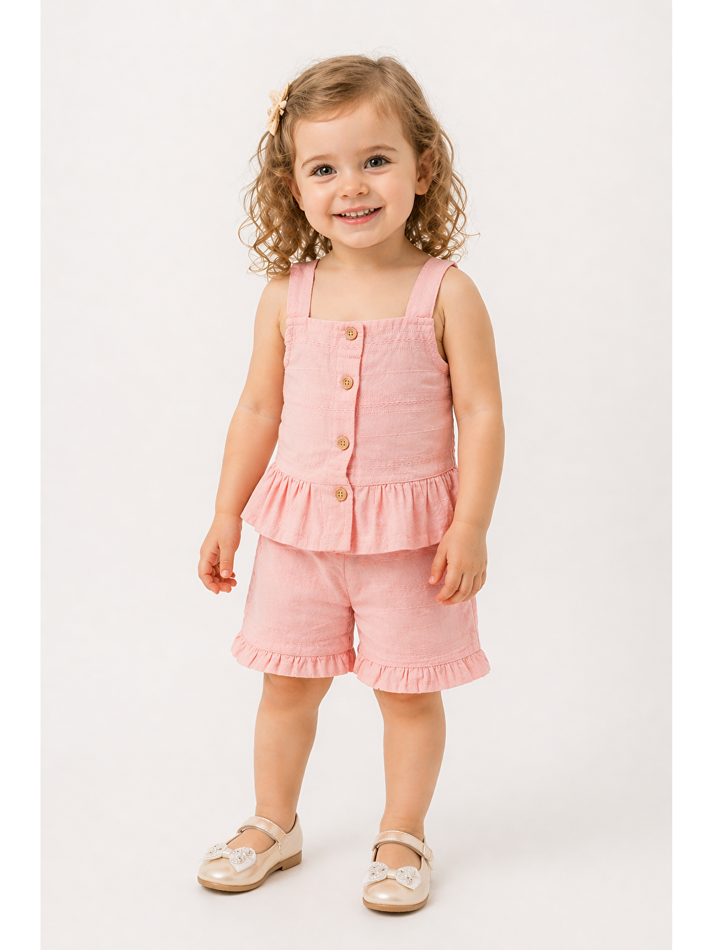Pembe Kız Bebek Keten Kumaş Alt-Üst Takım- %100 Pamuklu-4