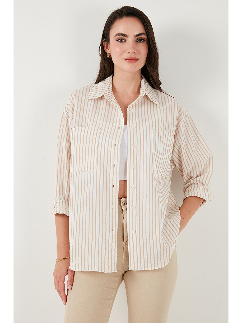 Bej Regular Fit Uzun Kollu Çizgili Kadın Gömlek 6772875-2