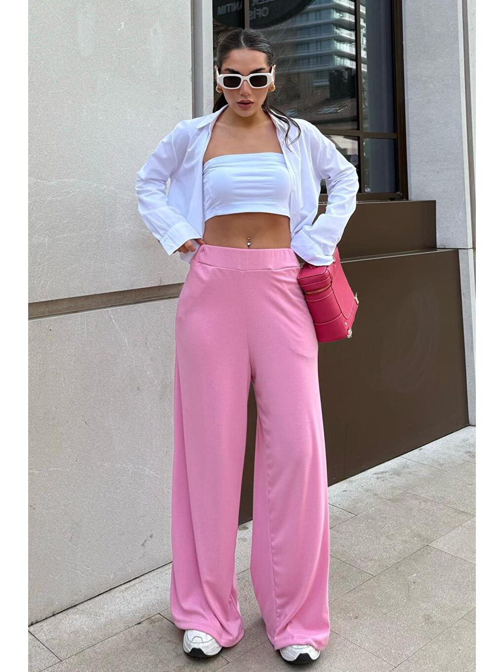 Pembe Yüksek Bel Rahat Kesim Geniş Paça Kadın Pantolon Mg2309