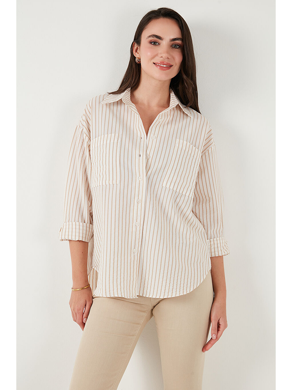 Bej Regular Fit Uzun Kollu Çizgili Kadın Gömlek 6772875-4