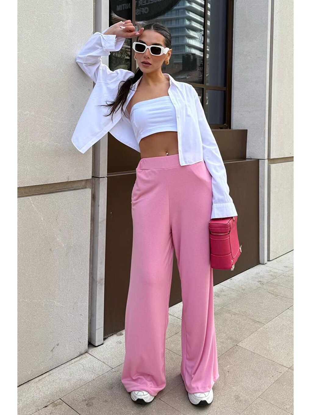 Pembe Yüksek Bel Rahat Kesim Geniş Paça Kadın Pantolon Mg2309-1