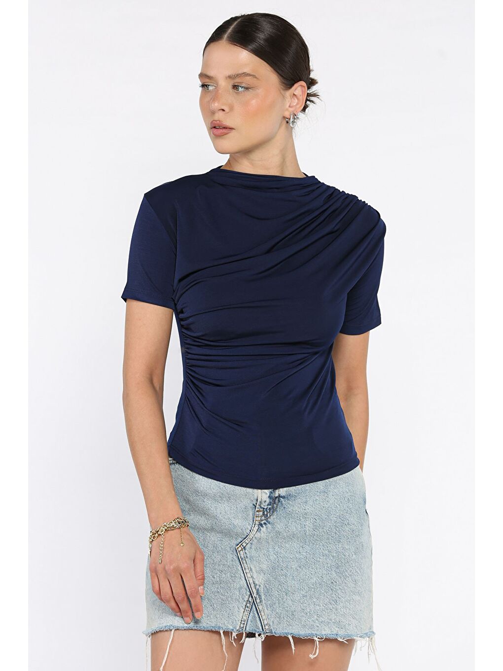Lacivert Kadın Omuz Ve Bel Drapeli Kısa Kol Bluz-1