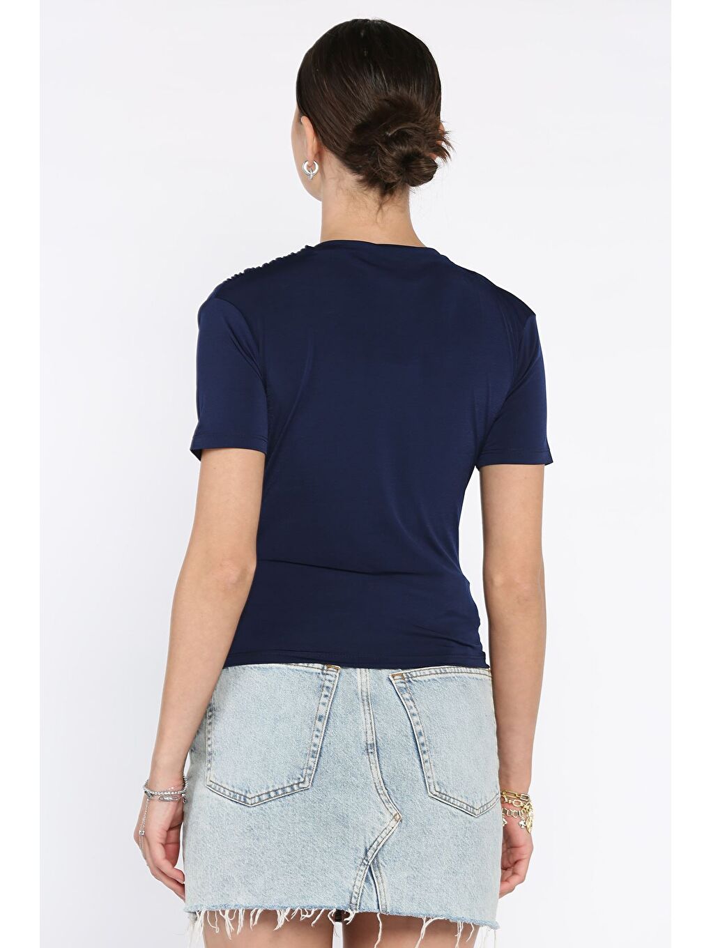 Lacivert Kadın Omuz Ve Bel Drapeli Kısa Kol Bluz-2