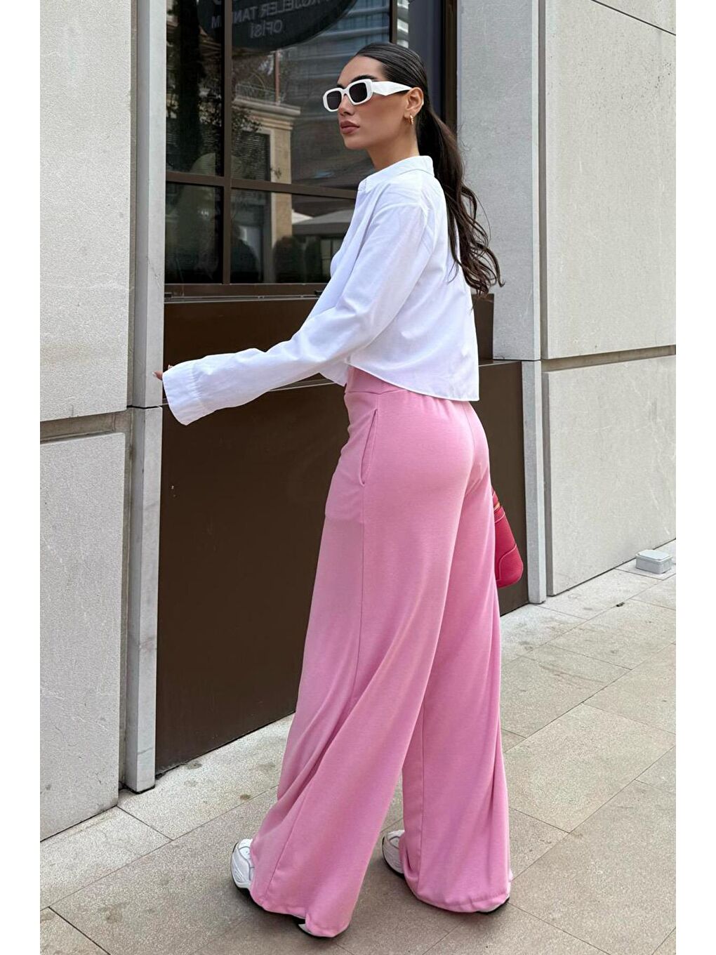Pembe Yüksek Bel Rahat Kesim Geniş Paça Kadın Pantolon Mg2309-3