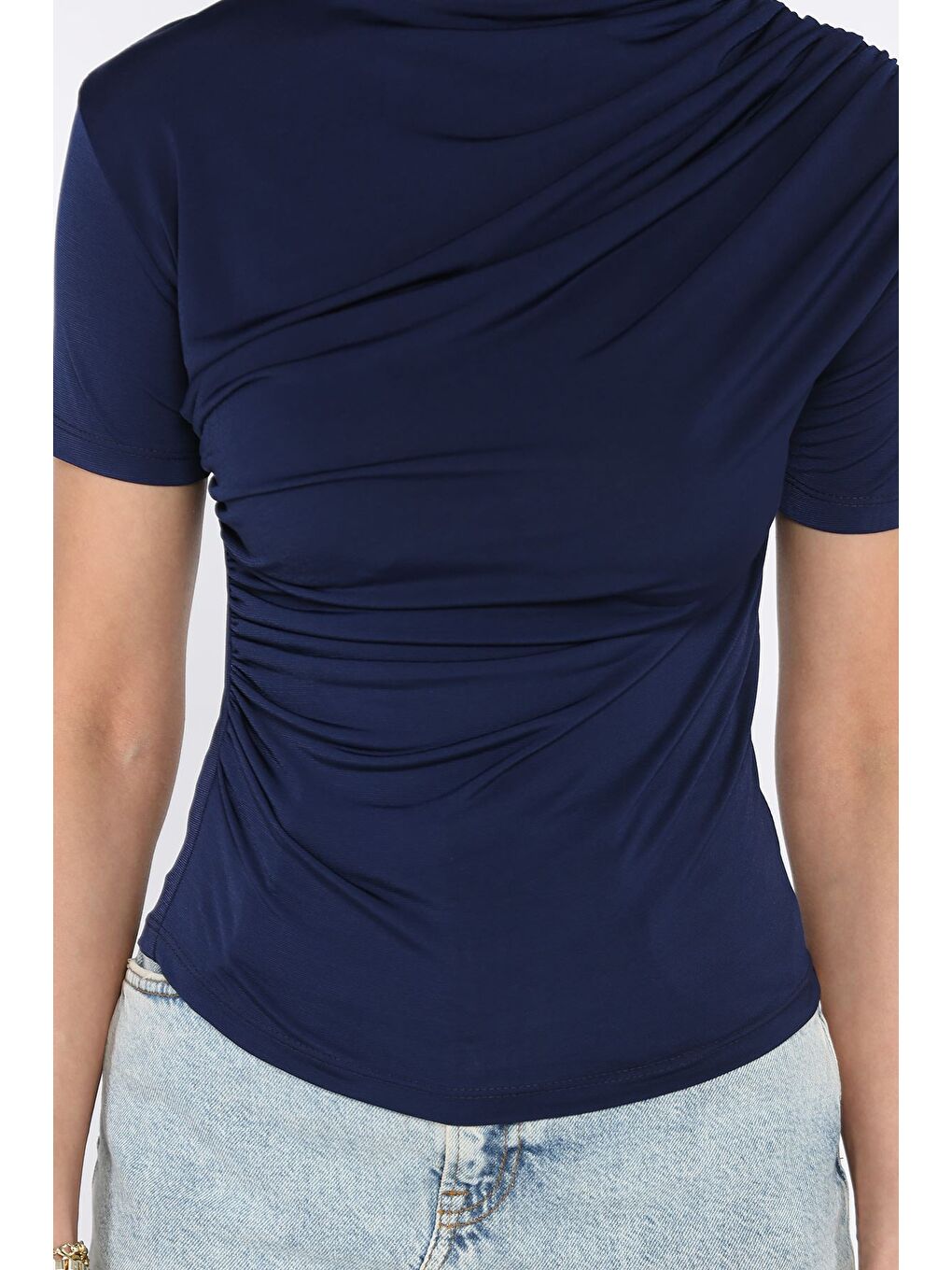 Lacivert Kadın Omuz Ve Bel Drapeli Kısa Kol Bluz-3