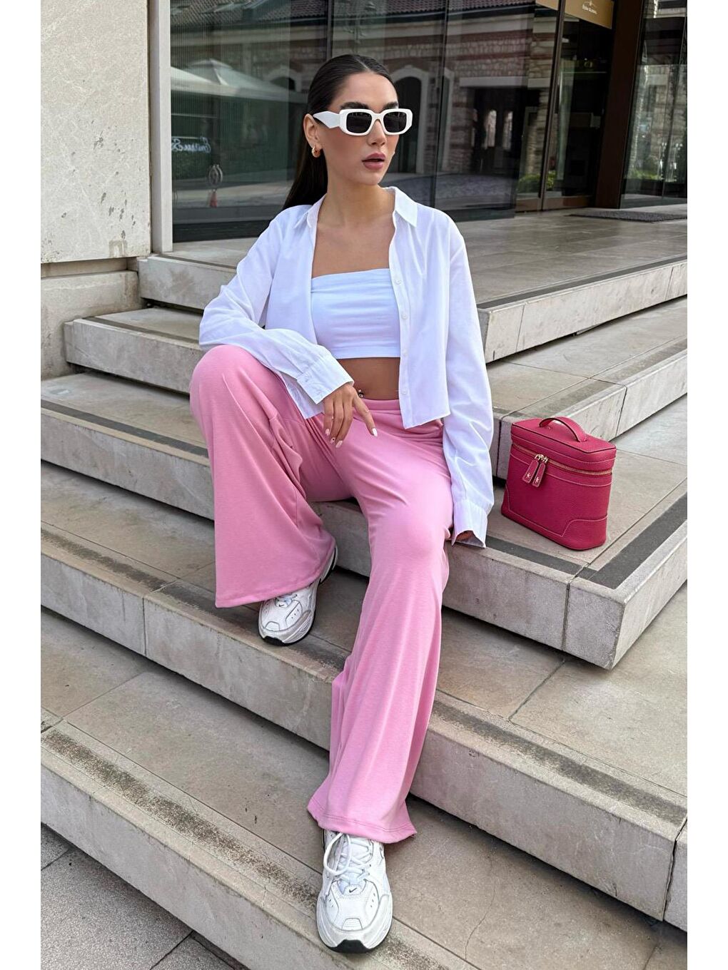 Pembe Yüksek Bel Rahat Kesim Geniş Paça Kadın Pantolon Mg2309-5